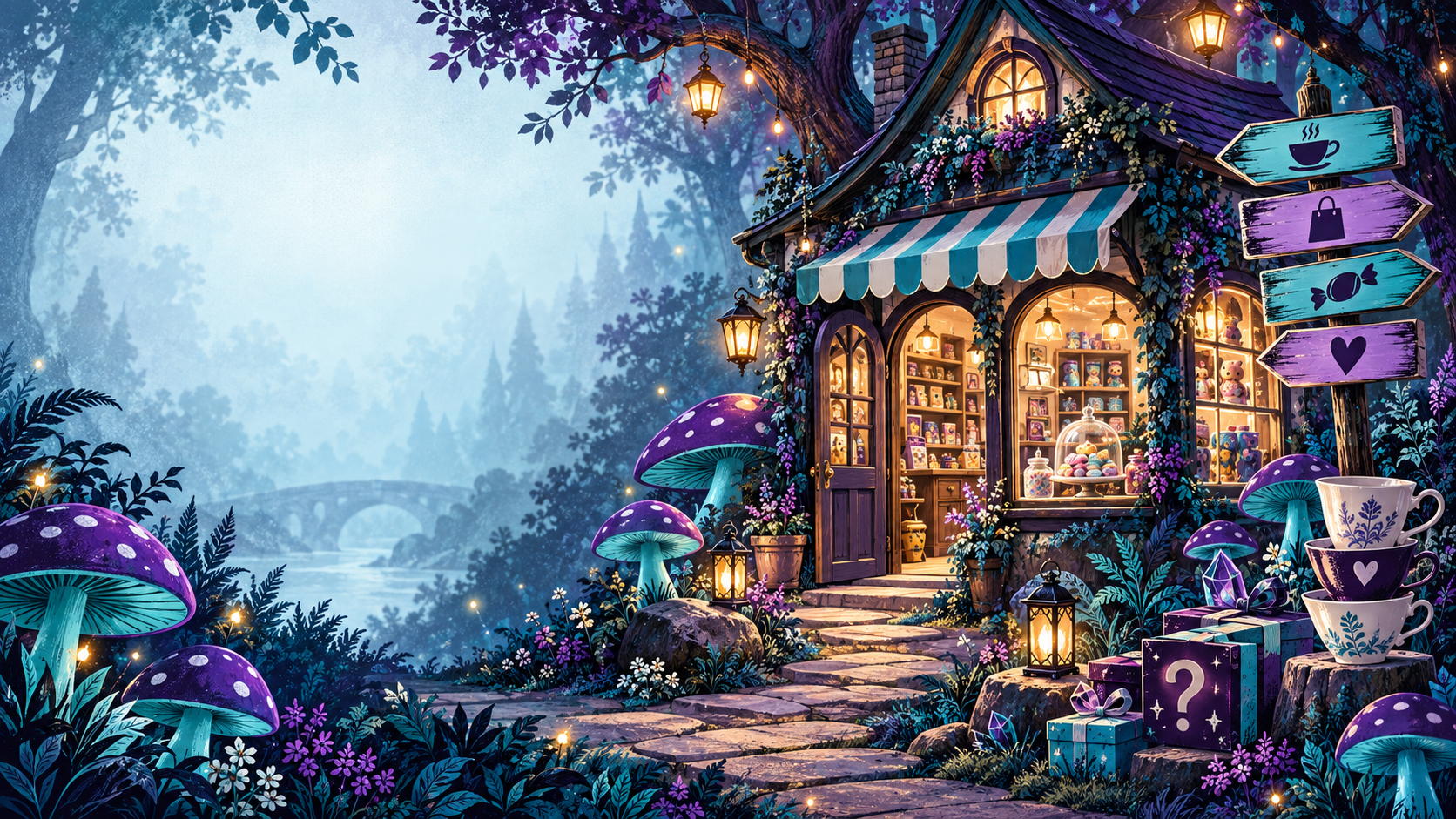 An illustrated curiosity shop glowing among teal and purple mushrooms in an enchanted woodland